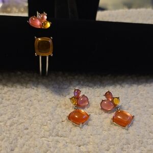 Silver Tones Pink & Orange Plastic Shape Drop Earrings with Yellow Accent